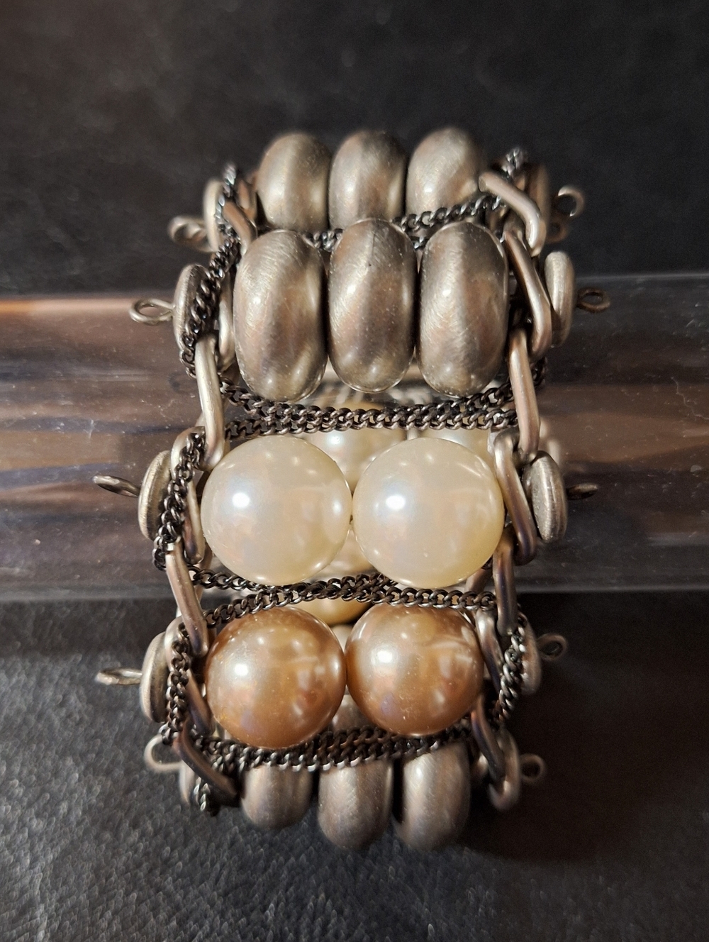 Elegant Pearl &  Silver-Tone Statement Bracelet CHUNKY Bold WIDE Bohemian EDGY